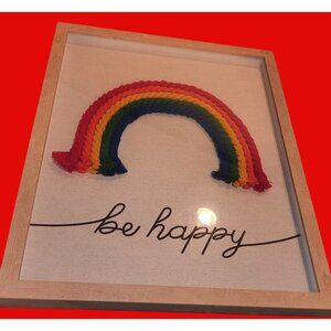 Handmade Wall Art Framed Rainbow Rope Design With "Be Happy" Text 14"x11"
